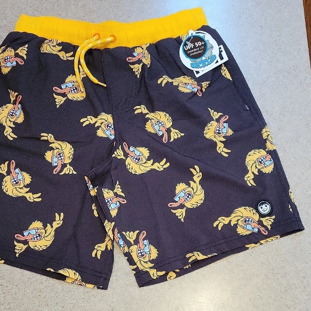 Neff Fired Up Duck Black Swim Trunks Size 8 Medium UPF 50 New With Tags